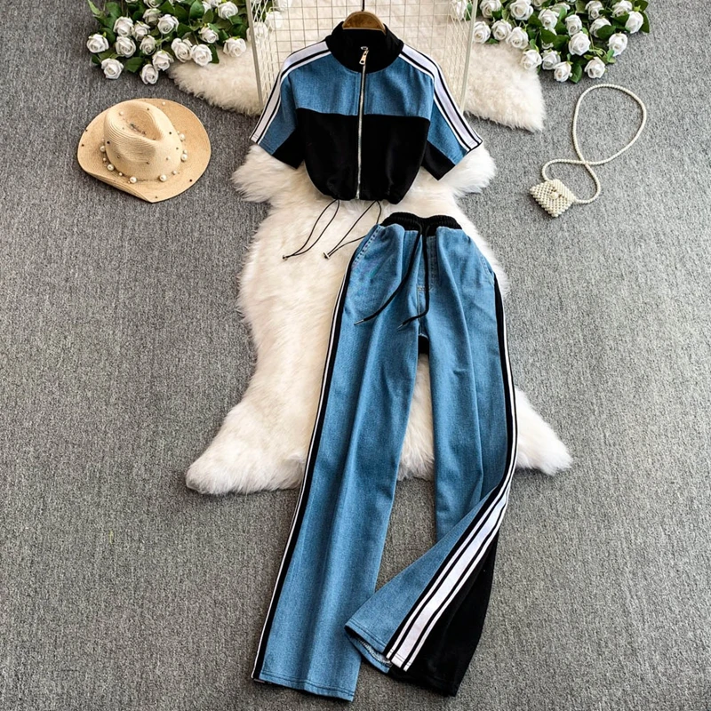 

Женский джинсовый топ в стиле ретро с воротником-стойкой и короткими рукавами в стиле пэчворк и прямые брюки с эластичной резинкой на талии, комплект из двух предметов