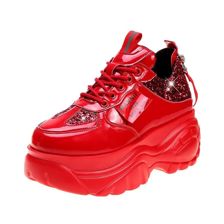 New Women Glitter Sneakers Casual Female Lace Up Zipper Platform Shoes Fashion Comfort Dad Chunky White Black Red g87