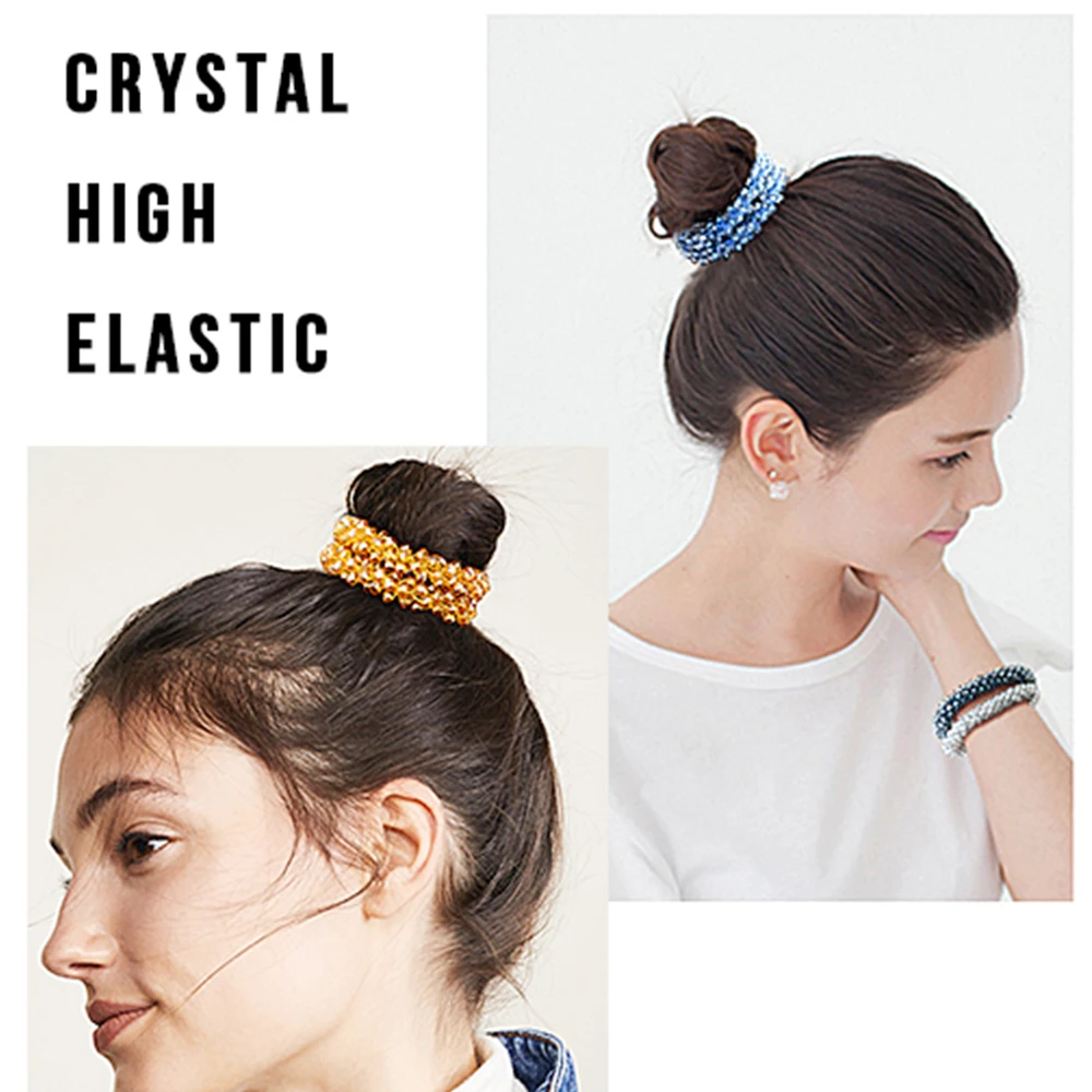 Women Crystal Elastic Hair Tie Hair Bead Ponytail Holder Hair Rope Handmade Rhinestone Hair Accessories