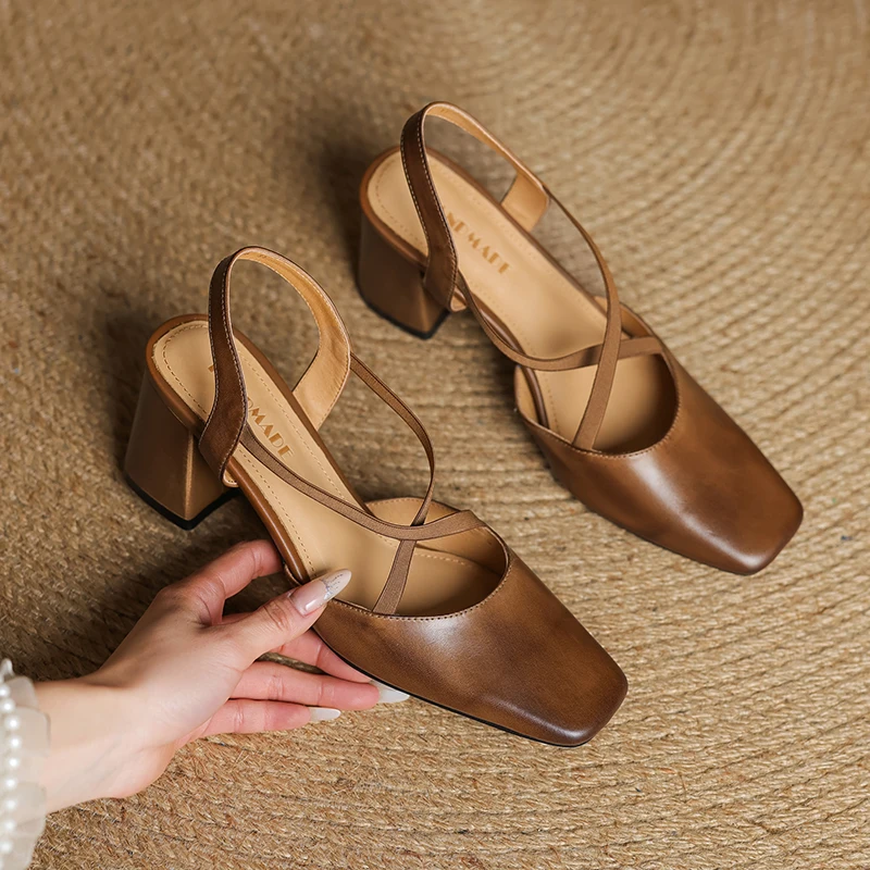 2026 New Size 34-40 Women Vintage Sandals Real Leather Retro Square Tor High Heels Summer Shoes Slingback T-Strap Office Daily view 3