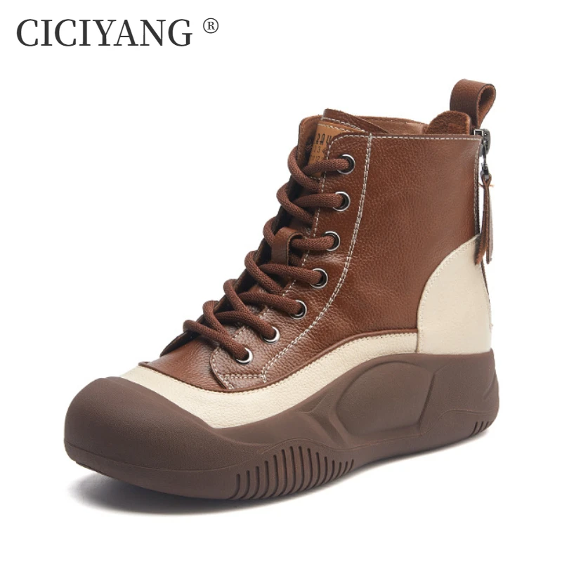 

CICIYANG Women High Top Sneakers 2025 Autumn New Flats Casual Shoes Genuine Leather Ankle Boots Ladies Booties Handmade