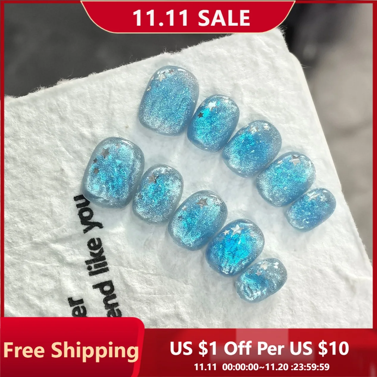 

10pcs Handmade Press-On Nails - Ice Blue Ocean Glitter Gradient with Star Accents Square Short Fake Nails for Party Wedding Wear
