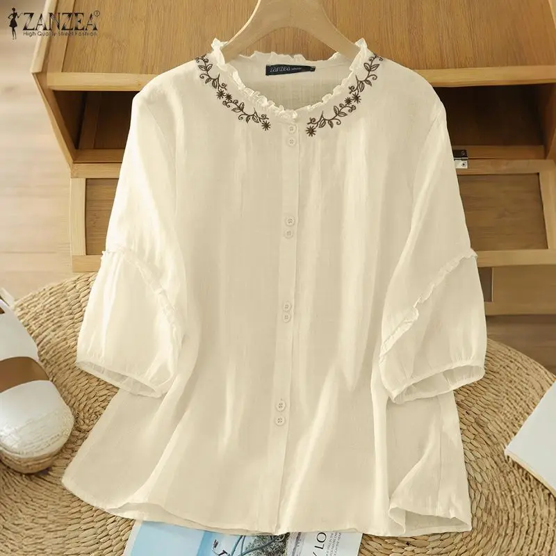 ZANZEA Camicie da donna in cotone e lino ricamato con volant e maniche a sbuffo a 3/4 Camicia con bottoni Primavera Estate Abbigliamento donna S-3XL
