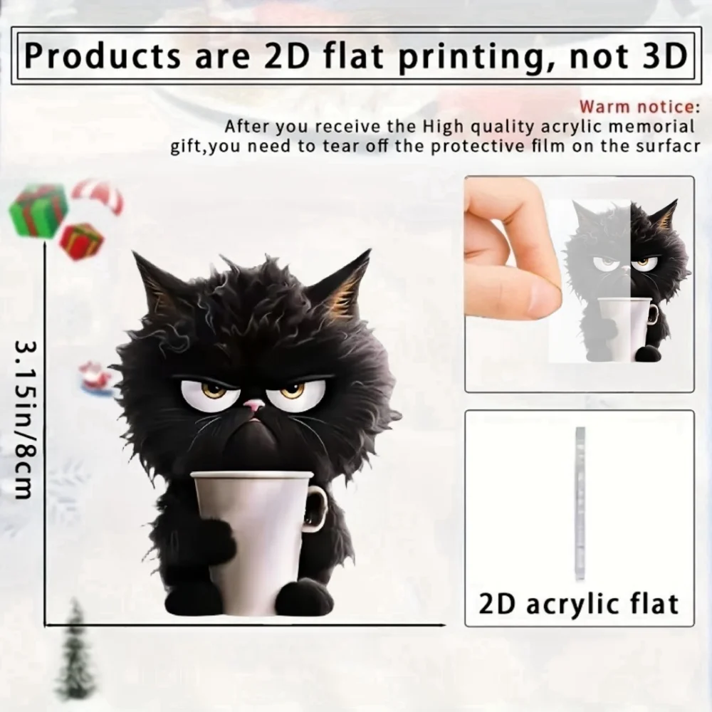 2D Fun Coffee Black Cat Keychain Cute Cartoon Kitten Charm Flat Acrylic Pendant Versatile for Car Bag Festive Party Gift & Decor