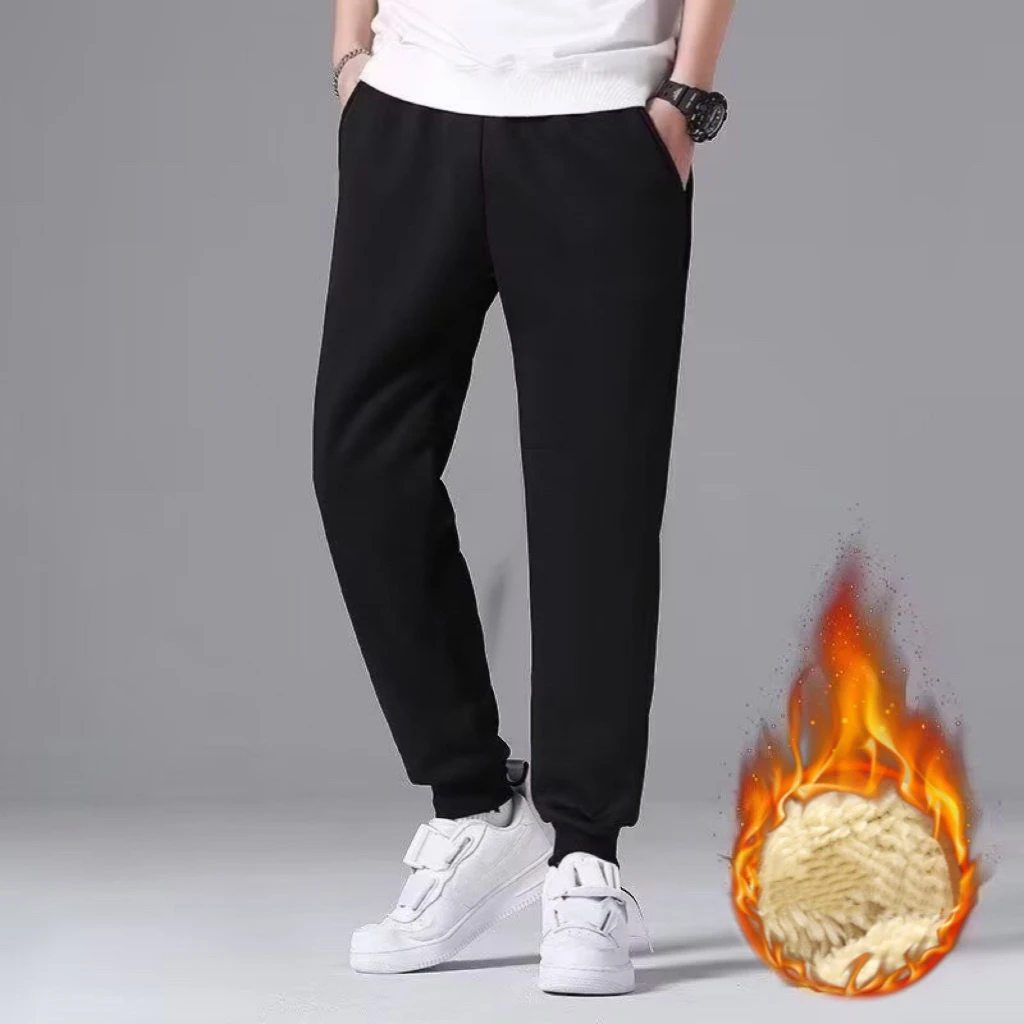 1pcs Men Winter Sweat Pants Plush Thickening Casual Trouser Warm Pant Plus Size Men's Mid Waist Fashion Sweatpant Black