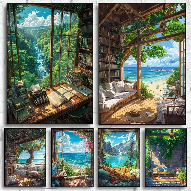 Modern Cartoon Seaside Cottage Summer Scenery Poster Coastal Villa Beach Life Canvas Painting Wall Art for Living Room Home D