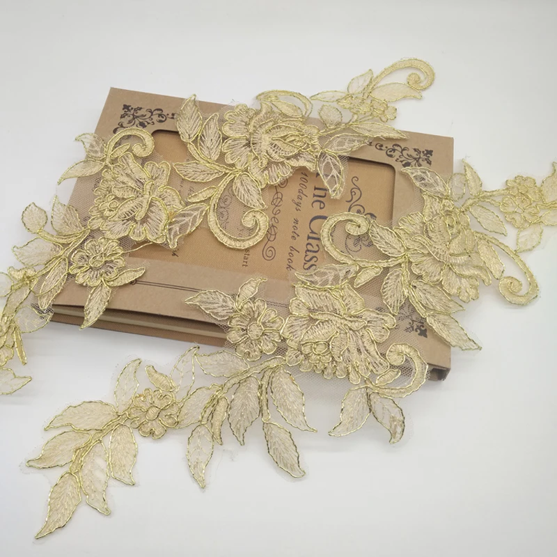 1 Para Złotych Kwiatowych Aplikacji z Haftowaną Koronką, Naszywki z Kwiatowym Wzorem, Materiał do Szycia, Rękodzieło, Vintage, Suknia Ślubna, 37,5*11,5 cm