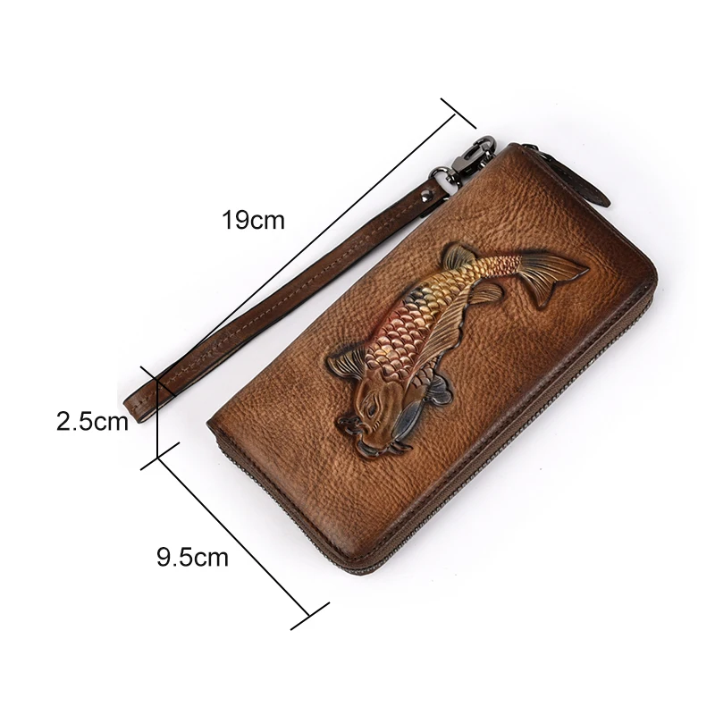 GAGACIA New Wristband Zipper Cell Phone Bag Women Wallet Vintage Genuine Leather Wallet For Female Golden Fish Engraved Clutches