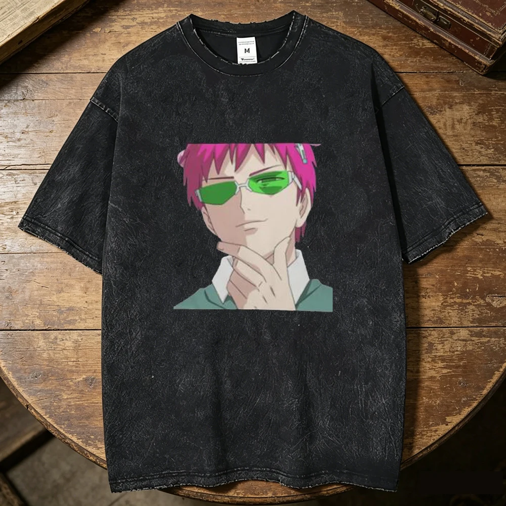Saiki k Vintage Washed cotton tshirt men harajuku  Colorful 80s hip hop t-shirt Graphic Psychedelic Breathable Pastel Trendy 80s