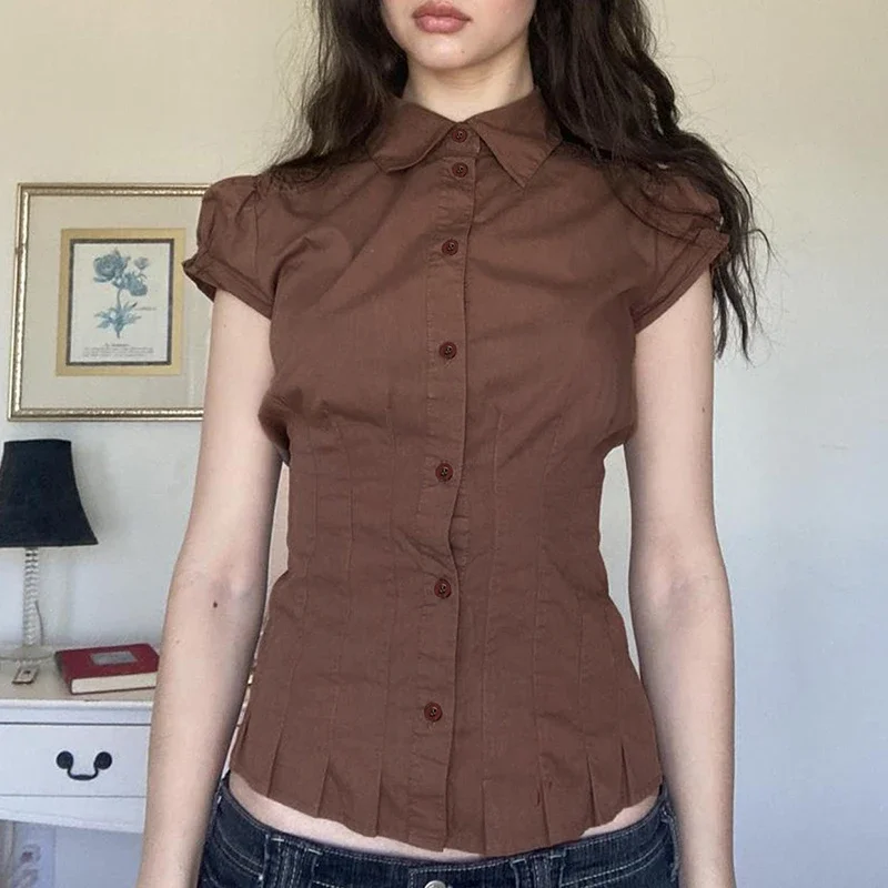 Y2k Vintage Shirts Aesthetic Fairy Crop Tops Cottage Tees Coquette Brown Pleated Button Shirt Women Short Sleeve Fitted Blouses