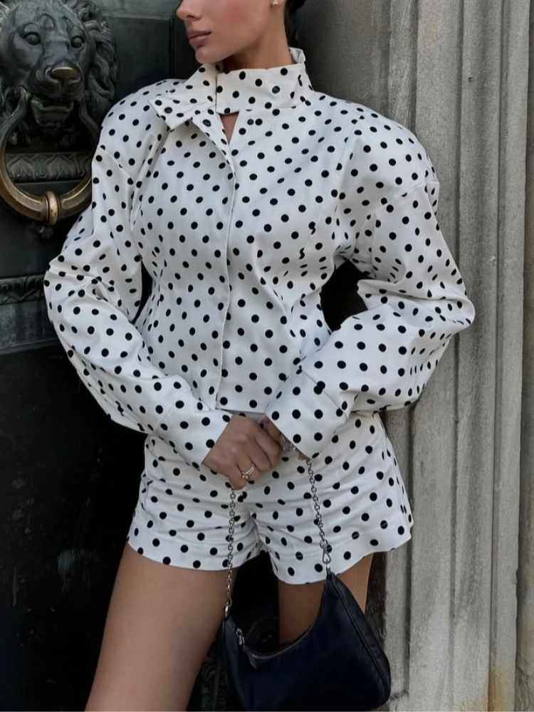 Tsiisd تخفيف الطباعة منقطة 2 قطعة مجموعة السراويل النساء طويلة الأكمام المرقعة التباين قمصان معطف الإناث السراويل وتتسابق