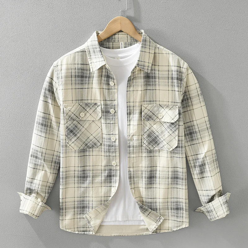 

Loose Fit Plaid Long Sve Casual irt Men's Japanese Sle Artistic Versatile Loose Top Daily Wear Pure Cotton irt