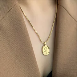 316L Stainless Steel New Fashion Fine Jewelry Vintage Oval Tag Flowers Charms Thick Chain Choker Necklaces & Pendants For Women