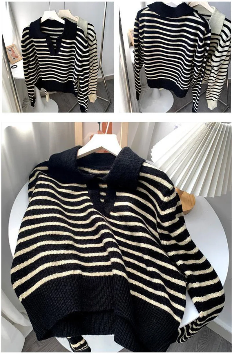 Korean V-neck Striped Color Contrast Design POLO Neck Fashionable and Westernized Base Sweater