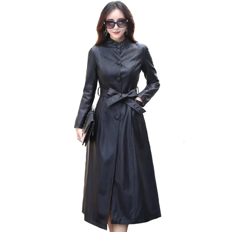 2023 Fashion X-Long Autumn Womens Black Leather Jacket Winter Single Breasted Faux Leather Coat Female Windbreaker