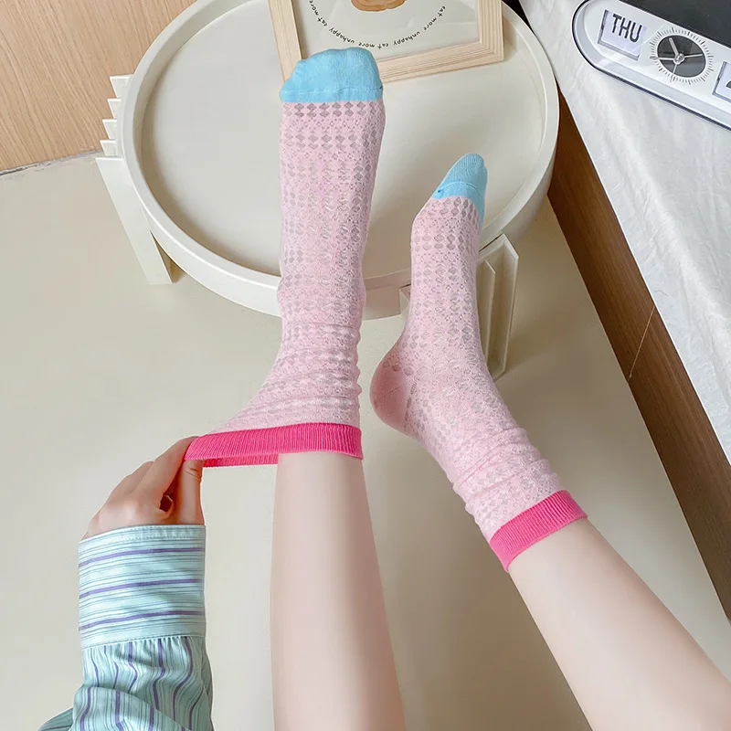 Women's Socks Cotton Harajuku Color Blocked Sweat Absorbing Socks Fashionable Funny Versatile Mid Tub Socks For Cute Kawaii Girl