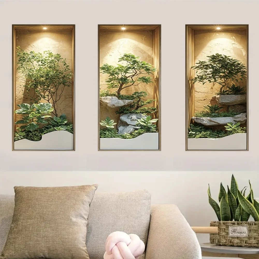3‑Piece Set 2D Flat Japanese Zen Style Plant Wall Sticker Mini Garden Lighted Niche Greenery Rock Decor Decal
