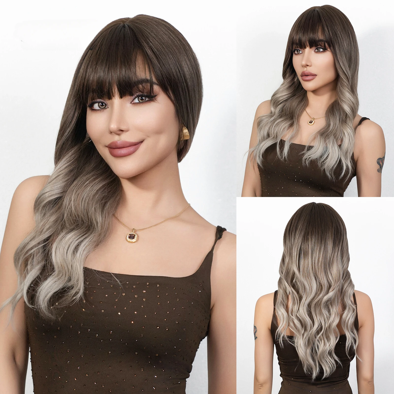 

Medium Long Synthetic Ombre Chocolate to White Blonde Color Curly Hair Bangs Wigs