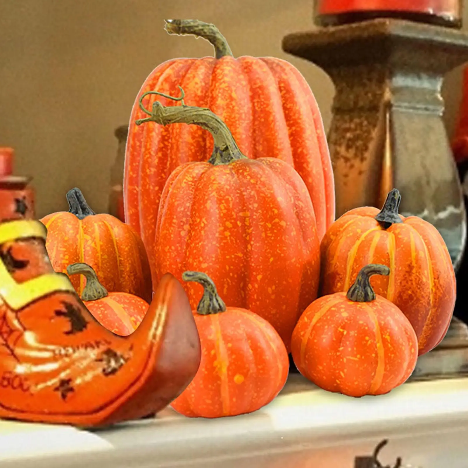 7pcs Pumpkin Autumn Decor Outdoor Orange Foam Plastic Fake Artificial Pumpkin Halloween Harvest Festival Home Table Decor