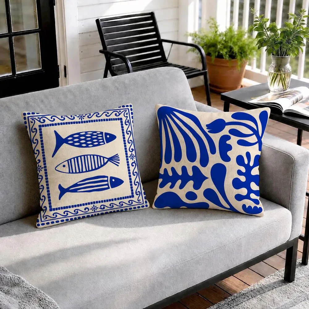 Blue Yellow Summer Art Cushion Cover Natural Linen Organic Fabric Double-Sided Printing Sofa Home Decor Gift Pillow Cover