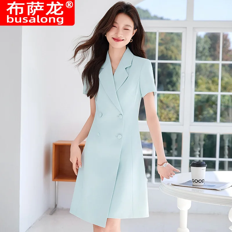 Green professional dress with a high-end feel for women2025New Summer Skirt Service Staff Uniform Work Clothes