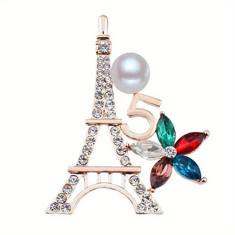 Korean Wedding Luxury Eeiffel Tower brooch Letter 5 Flower Tower Rhinestone Pearl Party Woman Gift Brooches