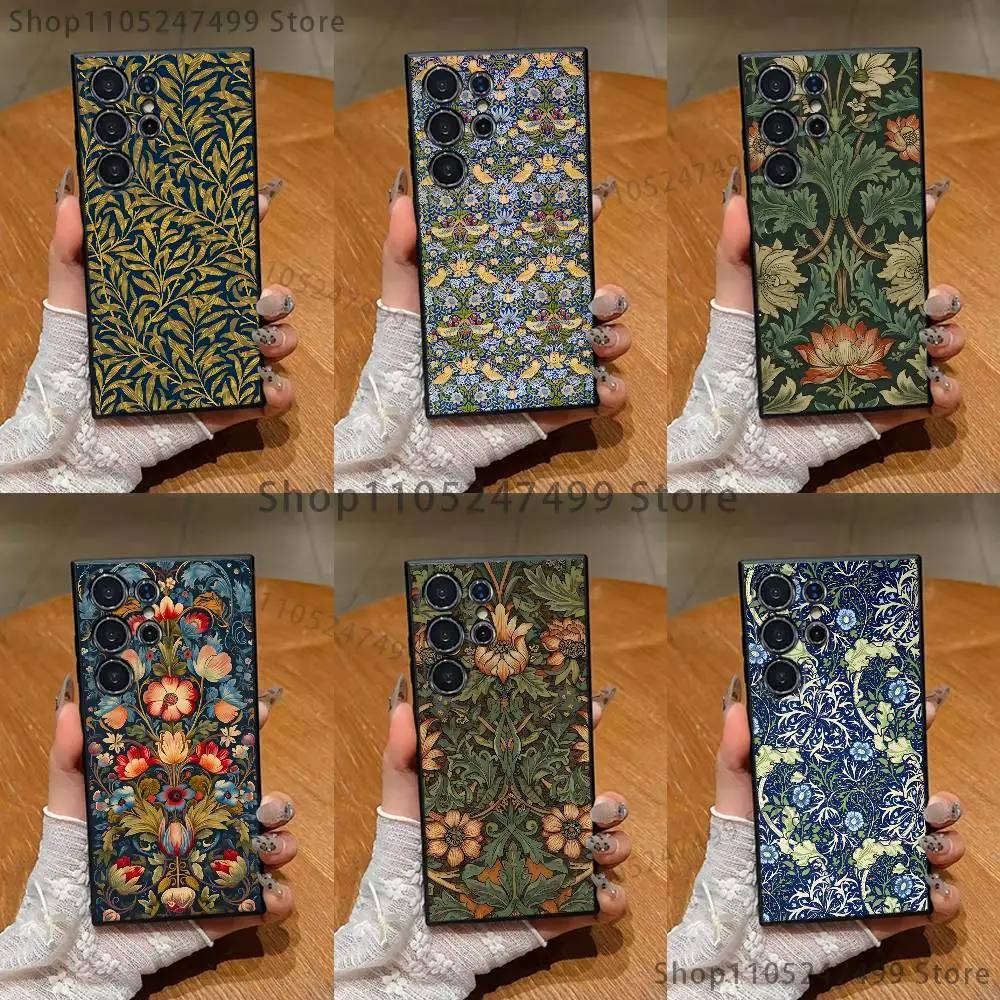 

William Morris Strawberry Thief Phone Case For Samsung S25,S24 Ultra,S20,S30 plus,S22 plus,S23,S30 Ultra 5G Silicone Black Shell