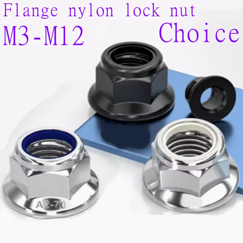 2-50pcs M3 M4 M5 M6 M8 M10 M12 Stainless Steel Steel With Black Flange Nylon Lock Nut Insert Lock Nut Self-locking Nylock Nut