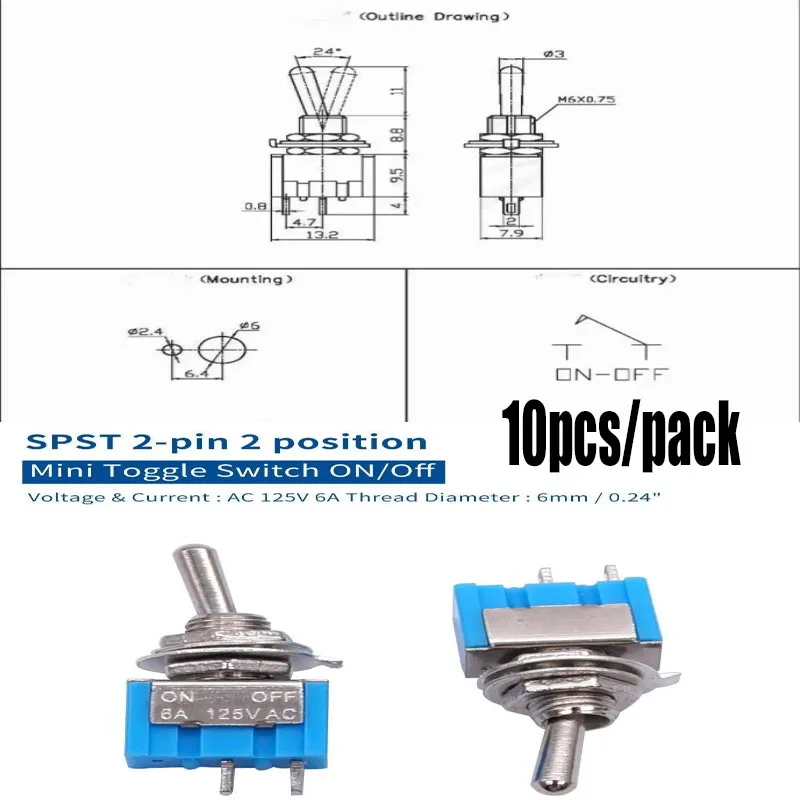 

10 шт. мини-переключателей DPDT, 2-контактные, 2-позиционные (вкл./выкл.), миниатюрные, 6А 125В, с отверстием 6 мм