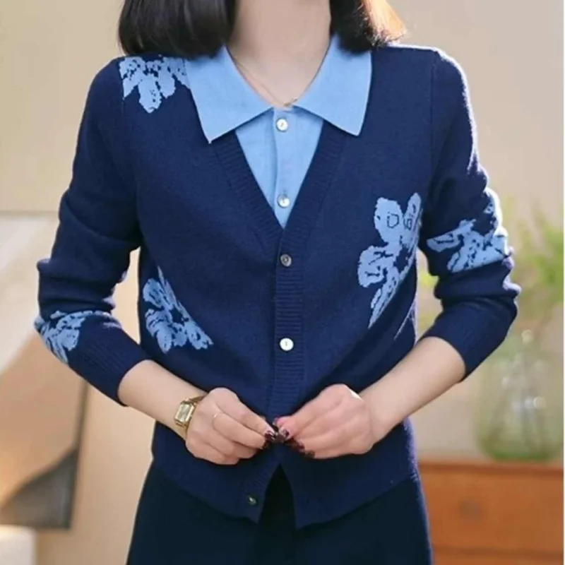 

Women's Fake Two-piece Sweater Contrasting Color Flower Spring Autumn Cardigan Temperament Versatile Long-sleeved Top