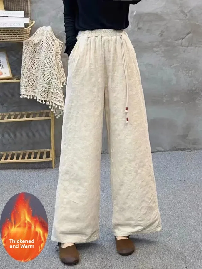 Authentic Vintage Embroidered Cotton Linen Wide Leg Pants Winter Elastic Waist Loose Versatile Long Trousers High Waist Strai...