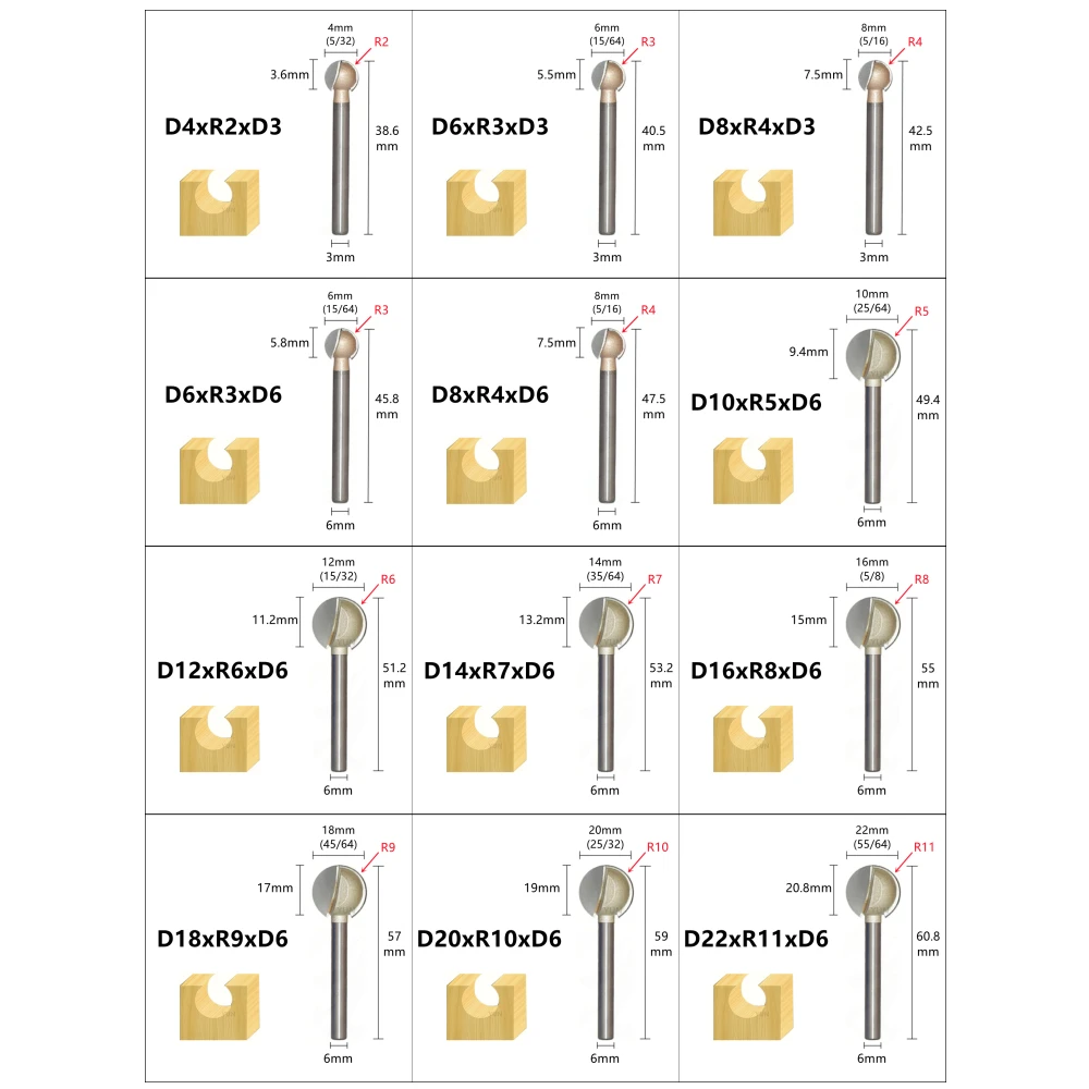 R2-R11 Ball Router Woodworking Milling Cutter Carving Cutter Round Fluted Bits 3mm/6mm Shank Woodworking Tools Lollipop Mill