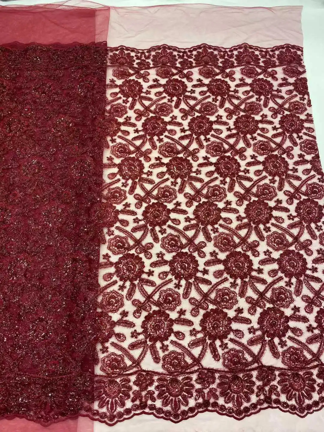 Red African 5 Yards Embroidered Beaded Lace Fabric 2026 Premium Nigerian Sequin Lace Suitable for Women's Party Dresses 2556