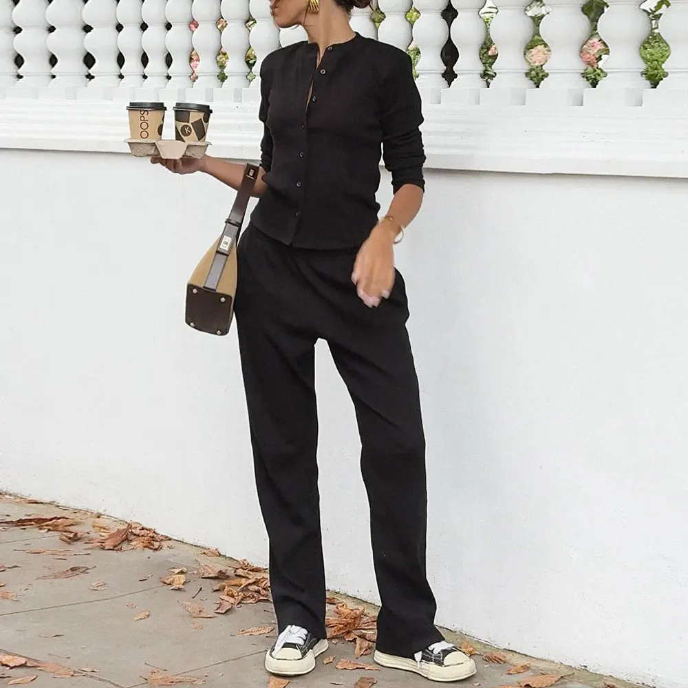 패셔너블한 단색 버튼업 긴팔 상의와 바지 여성 세트 가을 겨울 신상 우아한 출퇴근룩