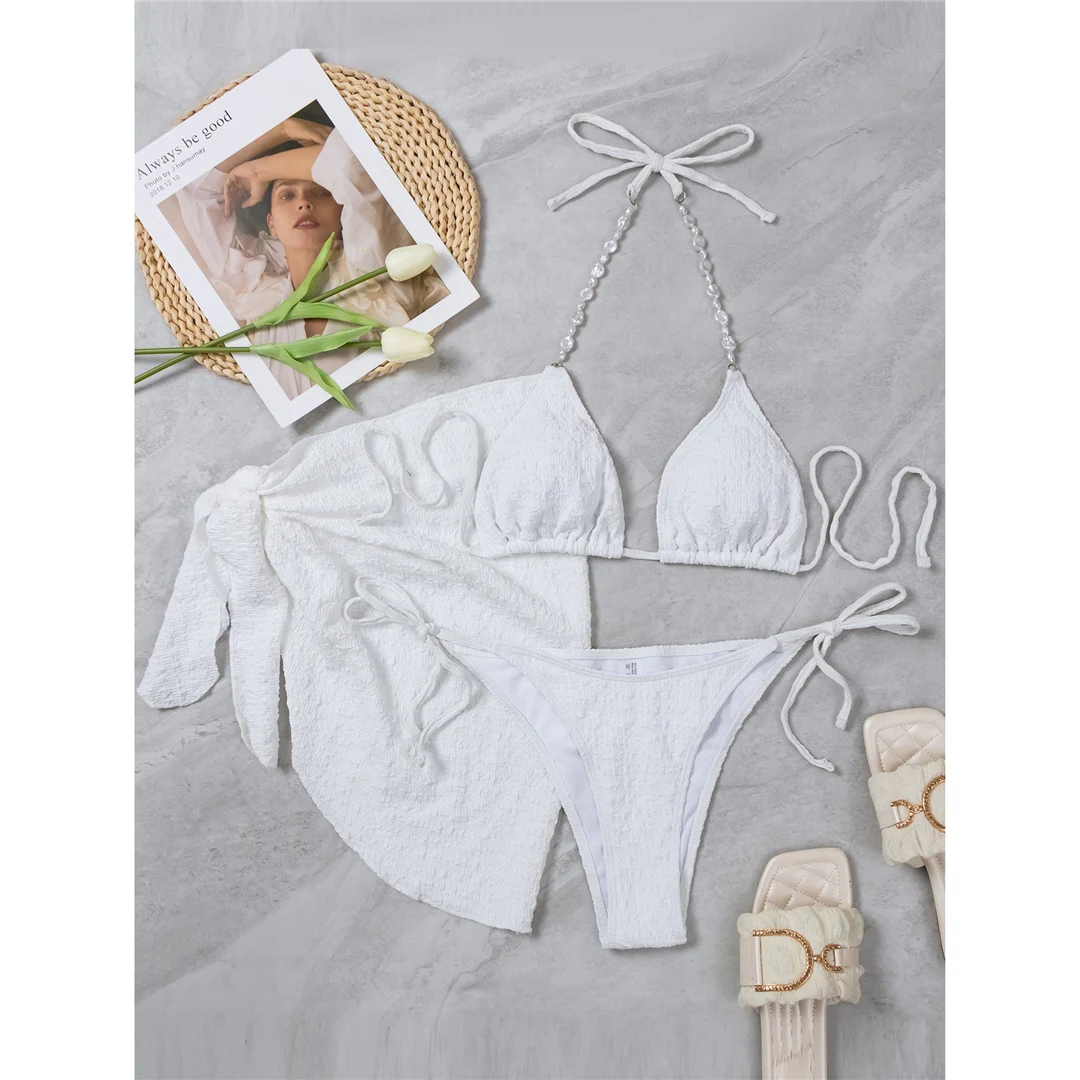 Mit Sarong, weißen Perlen, gerafftem Bikini, Damen-Badebekleidung, dreiteiliges Bikini-Set, Damen-Badeanzug, Badebekleidung, Badeanzug, Modell V5593. – Detail 20