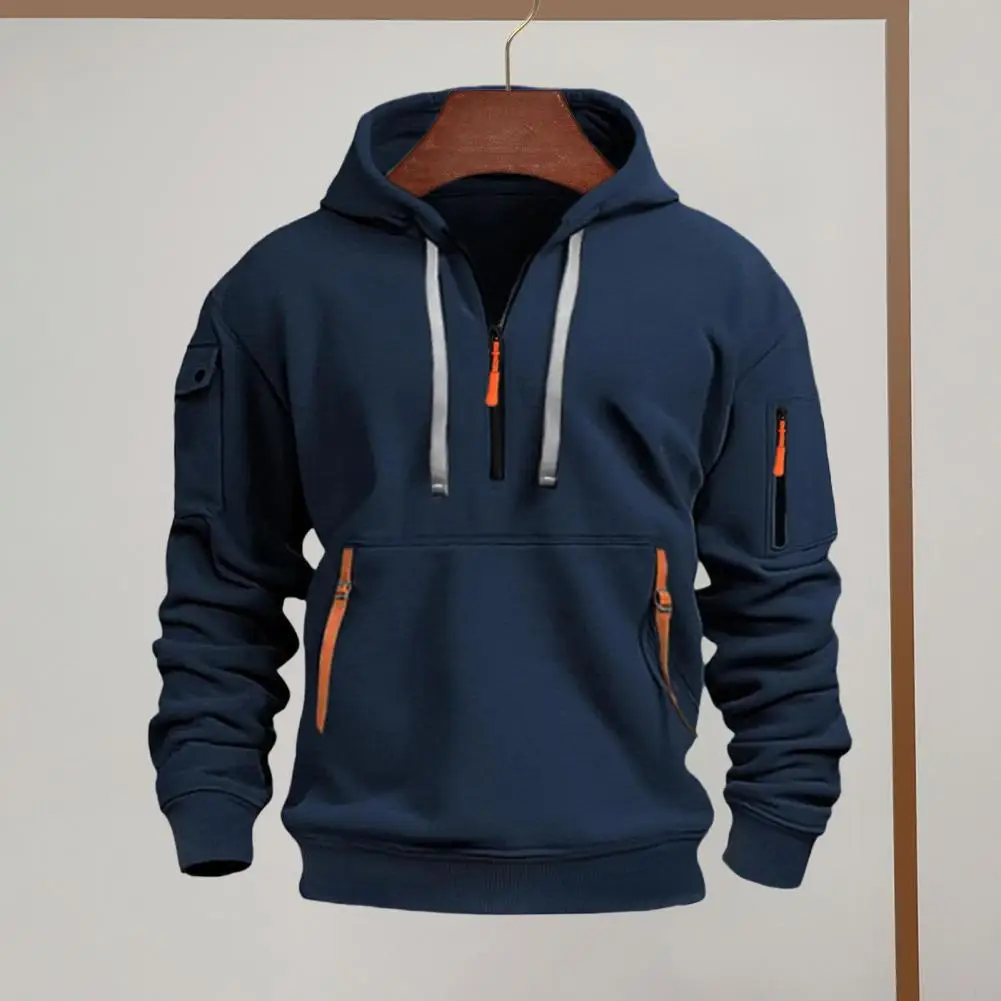 Men Solid Color Hoodie Men's Fall Winter Hoodie with Arm Pocket Strap Decor Casual Sport Top for Daily Wear Athletic Men Hoodie