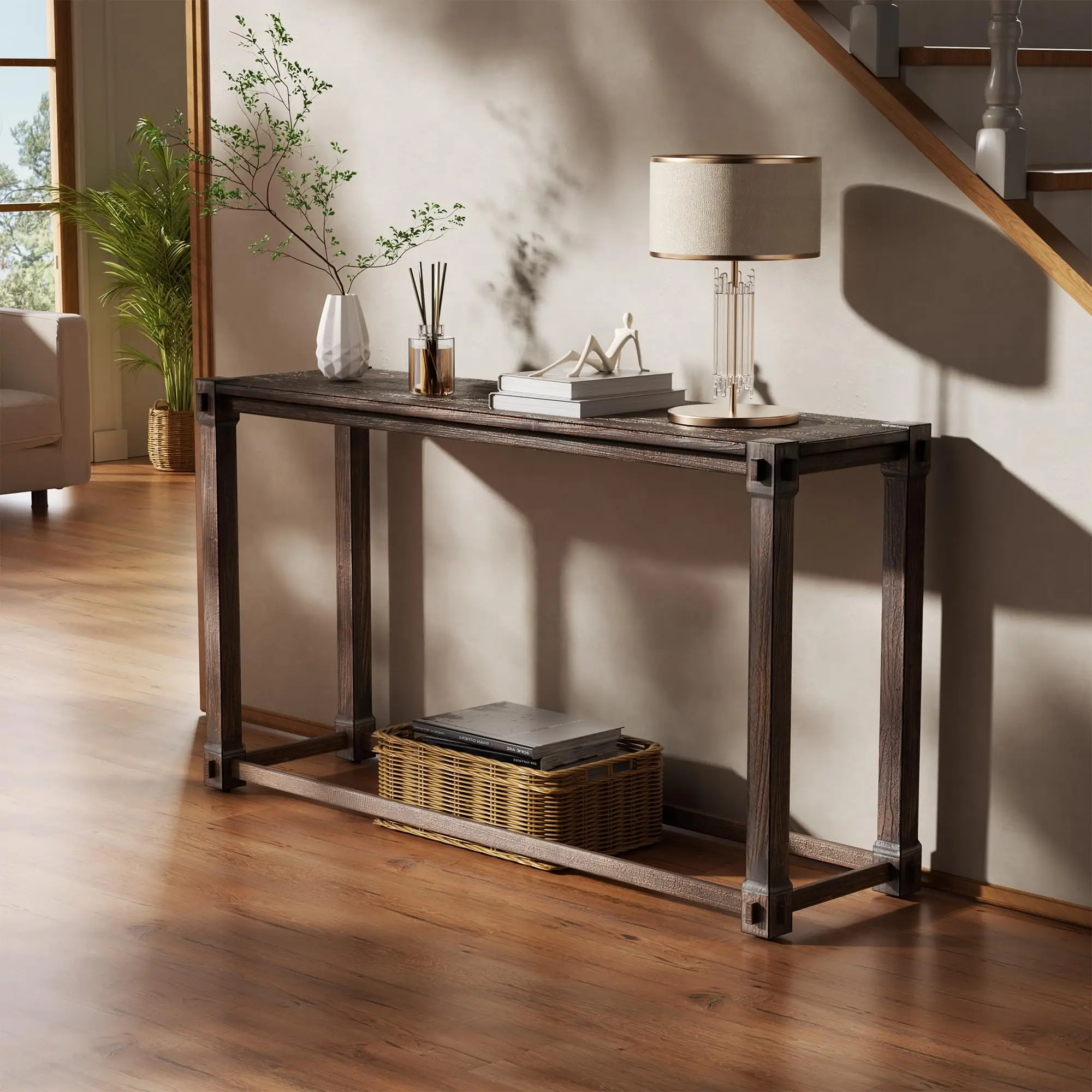 Vintage Aged Solid Wood Narrow Console Table Mortise and Tenon Construction Wear-Resistant Top Space-Saving Wall Mount