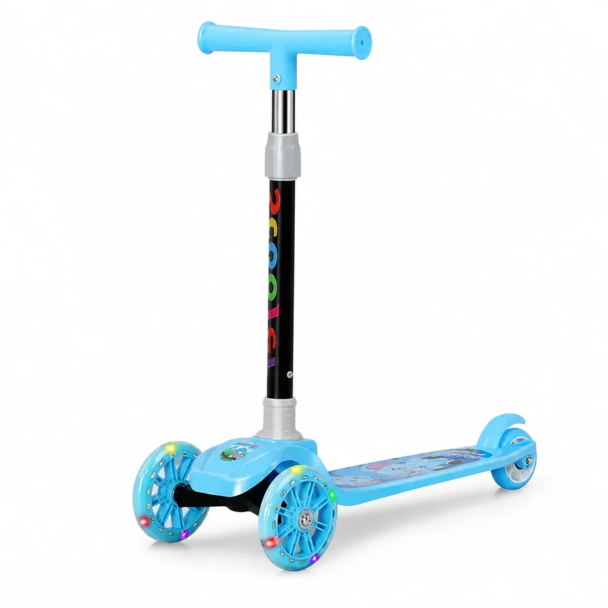 Foldable 3-Wheel Kids Scooter for Boys & Girls with Wide Wheels Adjustable Height Blue Flash Wheels Age 2-6 Kick Scooter Outdoor