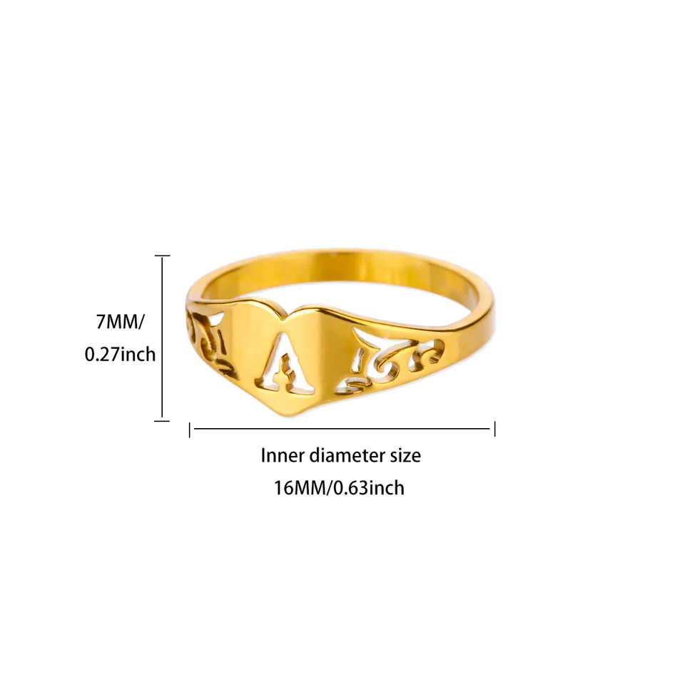 Anillos de corazón con inicial hueca para mujer, acero inoxidable color dorado, letras A-Z, estéticos, regalo de boda 6