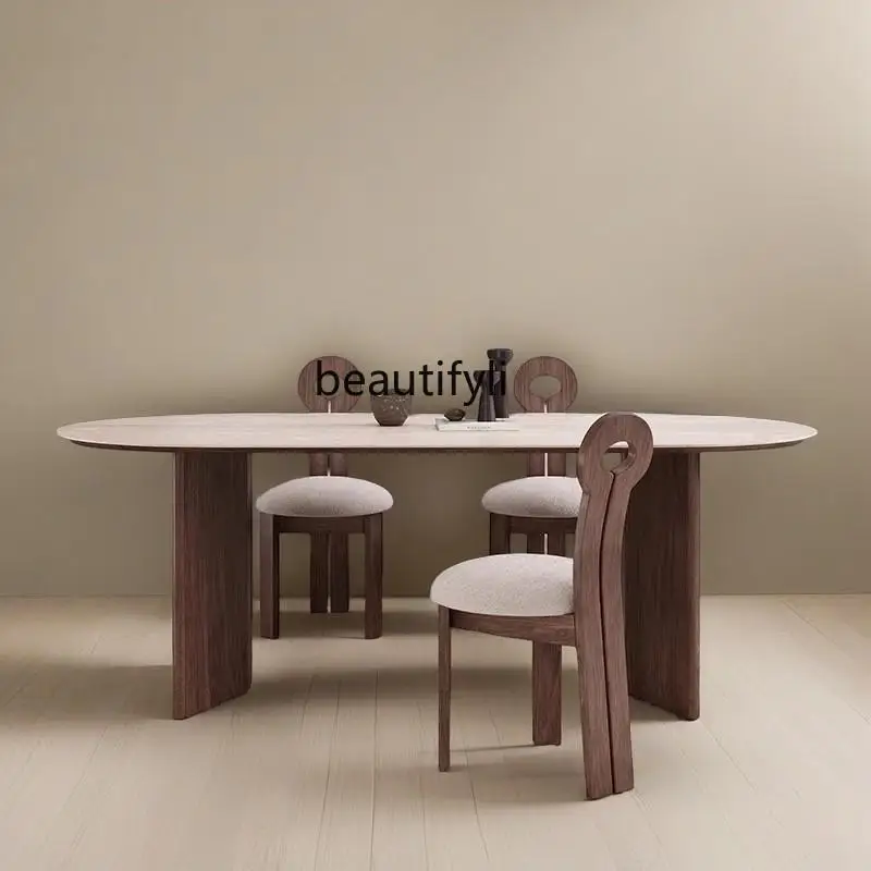 Nordic natural travertine rock slab dining table small apartment designer retro table and chair combination