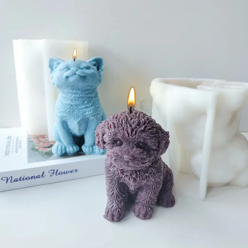 3D Kitten Puppy Silicone Mold Cute Animal Sitting Cat Teddy Dog Scented Candle Plaster Ornaments Molds Home Decor Crafts Making