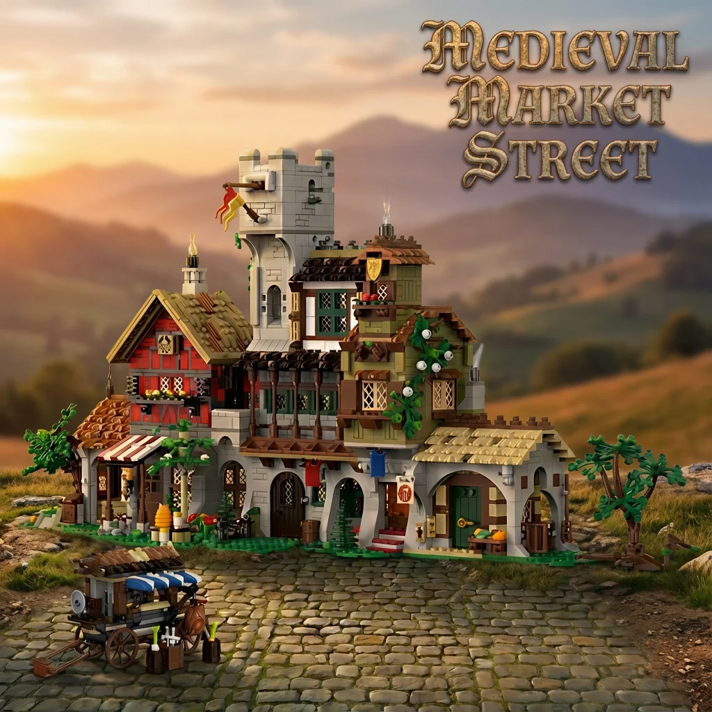 3021PCS MOC Medieval Market Street Building Blocks European Vintage Modular House Model DIY Assembly Bricks Toys for Adults Gift
