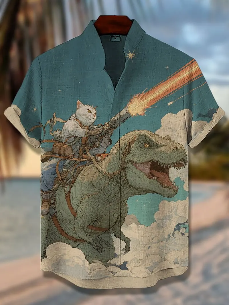 

2025 Men's Funny Laser Dinosaur Cat Print Shirts 3D Holiday Hawaiian Shirt Summer New Women Short Sleeve Blouse Casual Beach Top