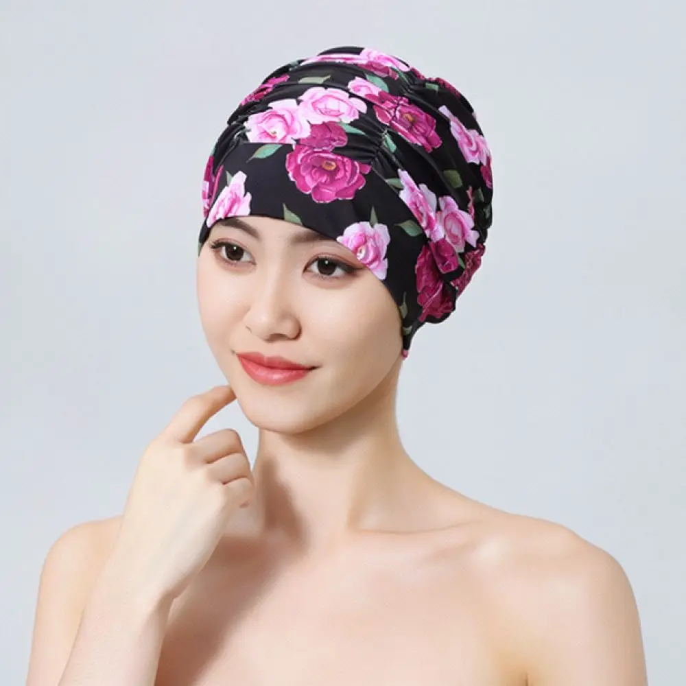 Elastic Floral Printed Swim Hat For Long Hair Women Waterproof Swimming Cap Stretchy Nylon Bathing Gear Pool Beach Sport