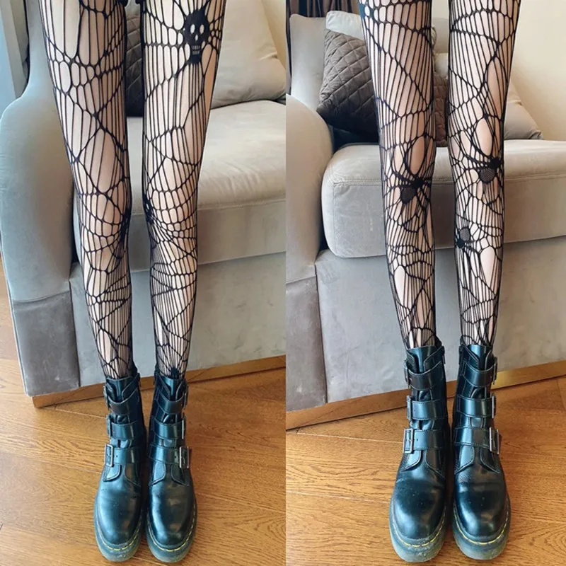 Hollow Out Mesh Tights Stockings Halloween Fishnet Sexy Women Skull Spider Web Patterned Nylon Stretchy Gothic Dark Pantyhose