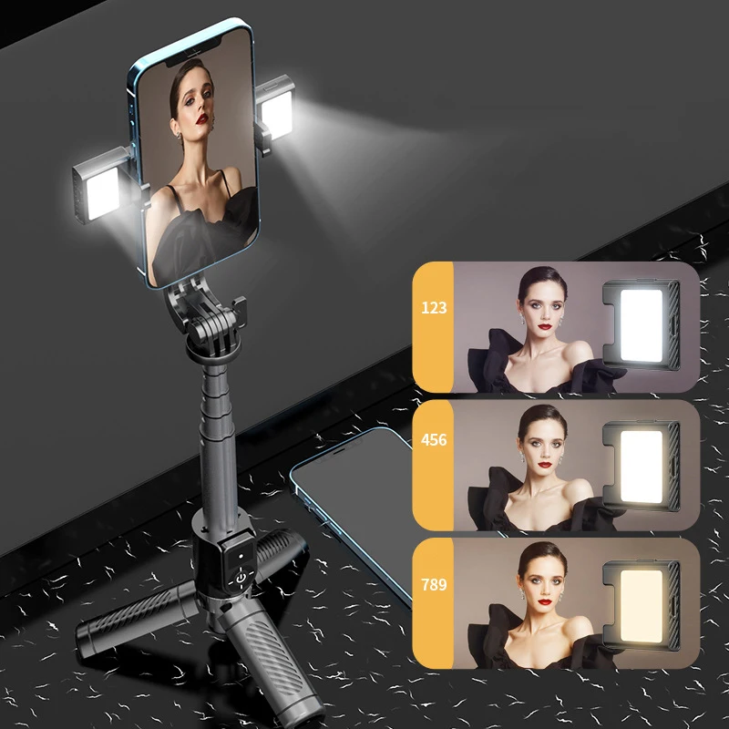 New Mini Bluetooth Selfie Stick with Detachable Fill Light Phone Live Broadcast Bracket Tripod Foldable Selfie Stick with Mirror