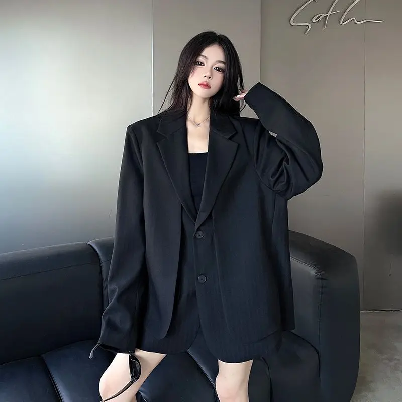 Women Gray Fake Two Pieces Big Size Blazer New Lapel Long Sleeve Shoulder Pad Jacket Fashion Spring Autumn 2025