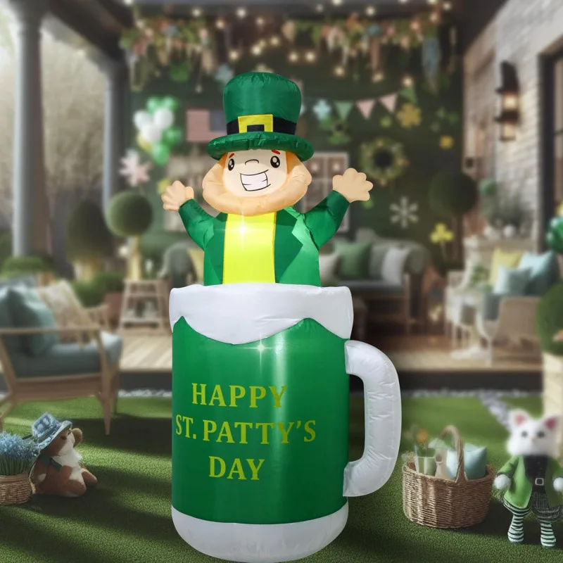 6/8FT St Patrick's Day Inflatable Outdoor Decoration Inflatables Beer Cup & St Patrick Celebration Party Decor Garden Yard Decor