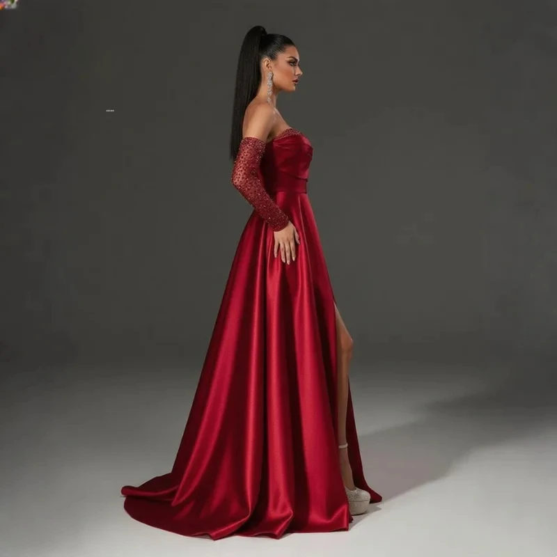Sexy Ball Gown Red Long Cocktail Dress With Fluffy Sleeves Elegant Evening Dress Vestdos De Fiesta Customized