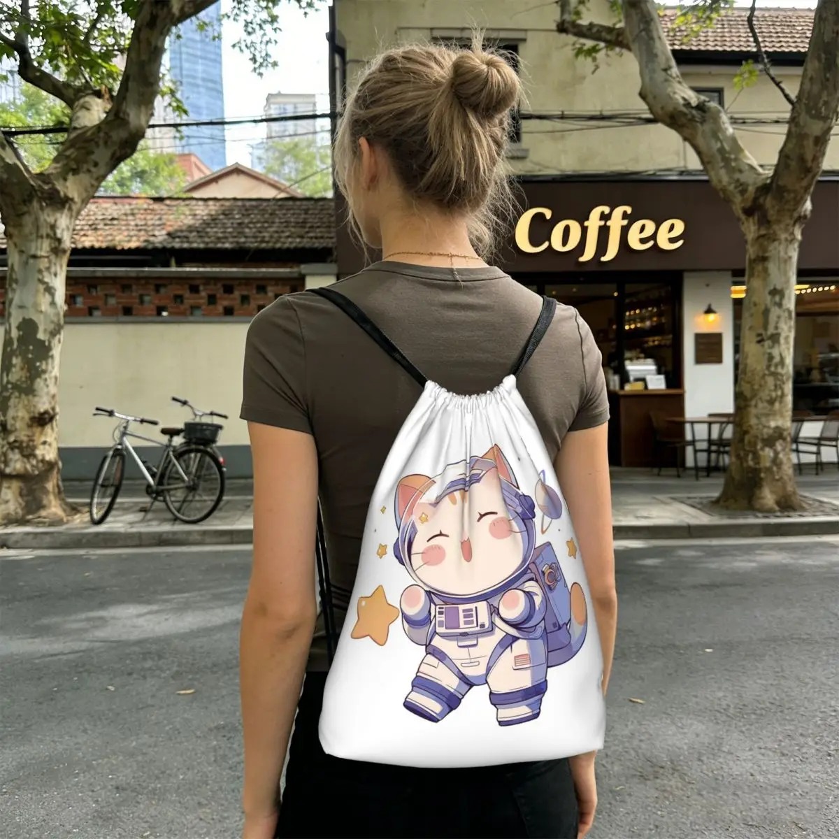 Blue Cute Kitten Astronaut In Space Backpacks Fashion Drawstring Bags Storage Bag Book Bags for Man Woman Students
